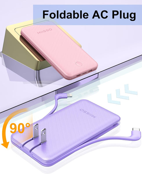 miisso Ultra Slim 10000mAh Power Bank - Built-in Cables, Foldable AC Wall Plug, Pocket Size USB C Portable Charger,