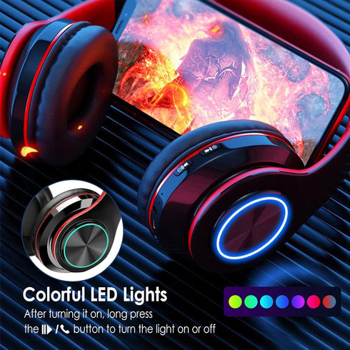 2022 Wireless Bluetooth Headphones, Colorful LED Lights Over Ear Foldable Headset with Built-in Microphone