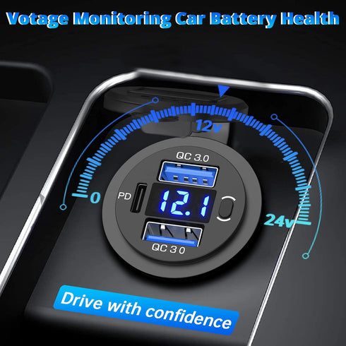 Qidoe 12V USB Outlet Dual 18W Quick Charge 3.0 Port & 30W PD Car Charger Socket with Voltmeter