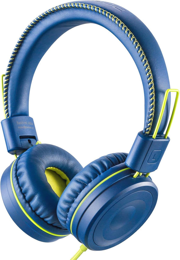 POWMEE M1 Kids Headphones Wired, Foldable Adjustable Stereo, Tangle-Free, 3.5MM Jack On-Ear (Blue)