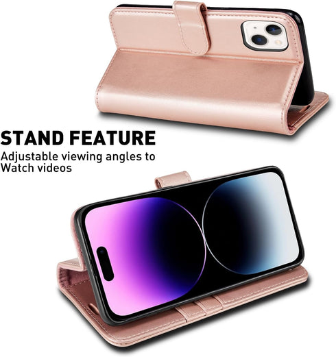 MONASAY Rosegold Wallet Case for iPhone 15 Plus/14 Plus 5G, 6.7" - Flip Folio, RFID Blocking, Credit Card Holder, Glass
