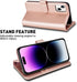 MONASAY Rosegold Wallet Case for iPhone 15 Plus/14 Plus 5G, 6.7" - Flip Folio, RFID Blocking, Credit Card Holder, Glass