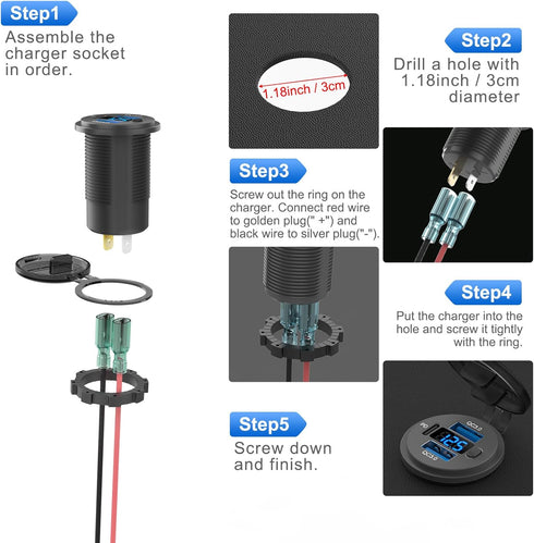 12 Volt USB Outlet Dual Quick Charge 3.0 Port, Waterproof 12V Power Outlet Cigarette Lighter Replacement DIY Kit