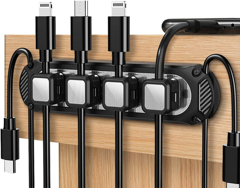 Magnetic Cable Holder with 6 Slots, Self Adhesive Cable Clips for USB Cord Management Under Desk (Black)