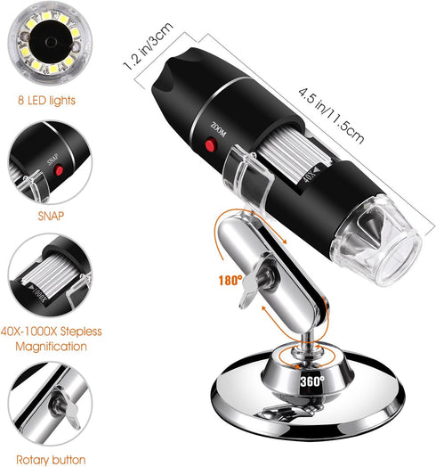 USB Microscope, Digital Handheld 40X-1000X Magnification Mini Video Camera with 8 Adjustable LED Lights