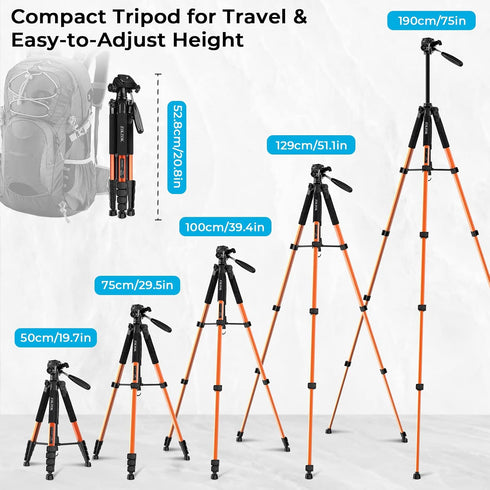 Tripod 75" Camera Tripod, Lightweight Travel Cell Phone Tripod with Wireless Remote, Professional Aluminum Tripod for