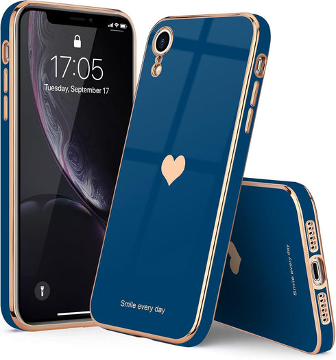 Teageo iPhone Xr Case for Women, Cute Love-Heart Luxury Bling Plating Soft Back Cover with Full Camera Protection,