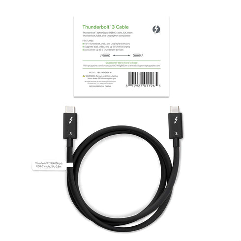 Plugable Thunderbolt 3 Cable, 2.6ft, 40Gbps, 100W Charging (20V, 5A), USB-C Compatible, Driverless,