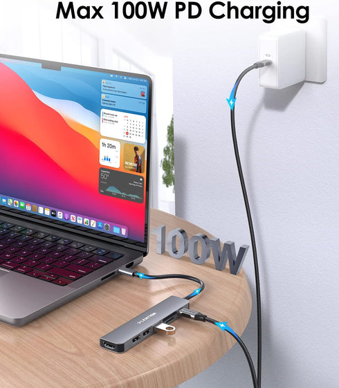 LENTION USB C Hub with 100W Charging, 4K HDMI, Dual Card Reader, USB 3.0 & 2.0 for MacBook Pro/Air, Space Gray