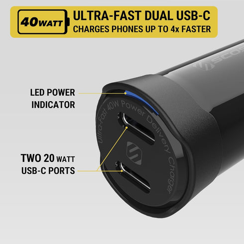 Scosche CPDCC40M PowerVolt 40W Certified Dual Port USB-C Car Charger, Fast Charging Car Plug for iPhone, Galaxy & USB-C
