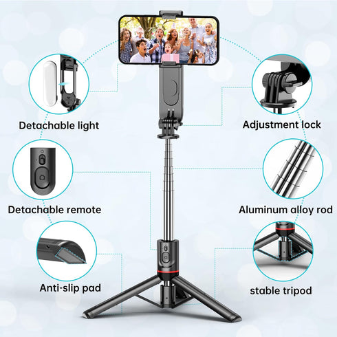 Stable Selfie Stick Tripod with Fill Light, 44 Inch Extendable Selfie Stick with Wireless Remote and Tripod Stand 360