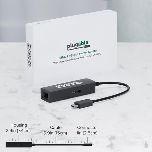 Plugable USB C to Ethernet Adapter, 2.5Gb with 100W USB-C PD Charging, Type C USB Ethernet Adapter for Windows, MacBook