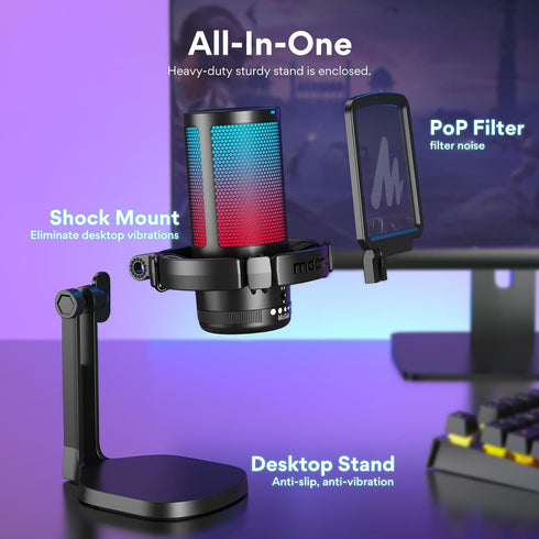 MAONO Gaming Microphone USB for PC, RGB Lights, Noise Cancellation Condenser Mic, Mute, Gain for Streaming, Recording,