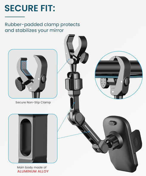 Uonser Rear View Mirror Phone Holder, Premium Aluminum Alloy Mount with Multi-Angle Adjustment, Rearview Mirror Phone