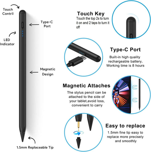 Stylus Pen for iPad with Palm Rejection, 5 Extra Tips, Tilt Sensitive iPad Pencil Compatible with (2018-2023) Apple