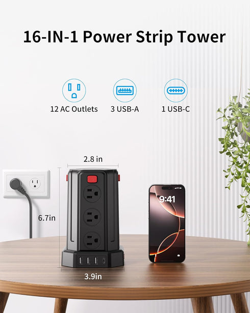 SMALLRT 6.5 12 4 (1 6.5 Power Strip Surge Protector, Ft Extension Cord with AC Multiple Outlets USB USB C), Power Tower