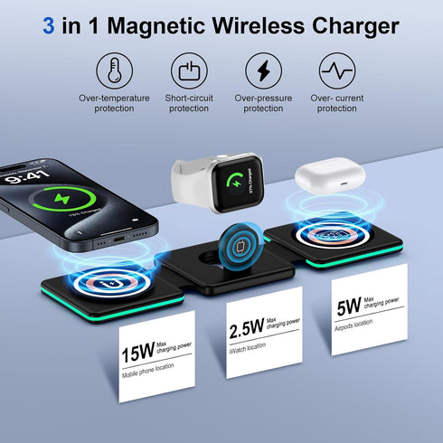 Magnetic Wireless Charging Station for iPhone MagSafe Charger, 3 in 1 Foldable Charger Dock for Travel, Wireless