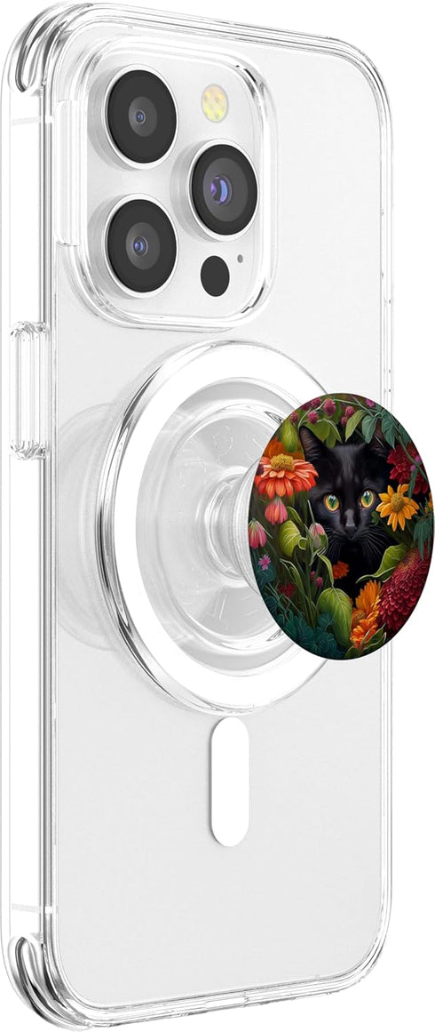 Black PopSockets MagSafe PopGrip for iPhone - Adorable Cat Hiding in Spring Flower Field