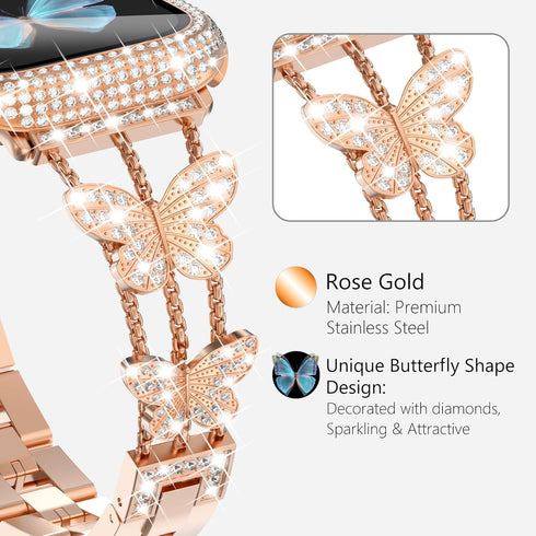 Wingle for Rose Gold Apple Watch Bands 45mm for Women, iWatch Series 8 7 Butterfly Diamond Bracelet Rhinestone Crystal Strap Stainless Steel Metal Band with Bling Screen Protector Case Dressy Chain,45