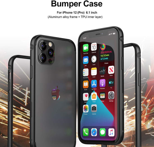 Eastcoo Slim Metal Bumper Case for iPhone 12 12 Pro, Metal Bumper Cover with Soft TPU Inner, Black