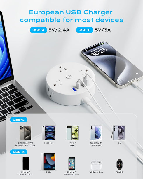 TESSAN European Travel Plug Adapter - US to UK Power Strip with 6 Outlets, 4 USB Ports, 5ft Extension Cord