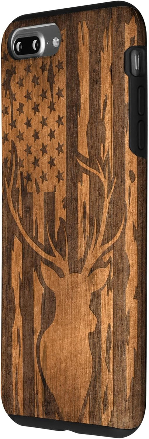 iPhone 7 Plus/8 Plus Case, Deer Buck with Flag on Wood-like Background