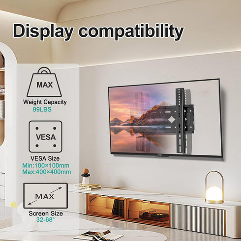 Fixed TV wall Mount for Most 32-68 Inch 4K,LED, LCD and Plasma TV, TV Mount Bracket VESA Up to 400x400mm and Weight Capacity 99lbs,Low Profile wall Mount tv bracket 40 43 50 55 60 65 Inch