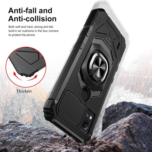 TJS Heavy Duty Phone Case for Cricket Icon 5 & AT&T Motivate 4, with Tempered Glass & Magnetic Kickstand (Black)