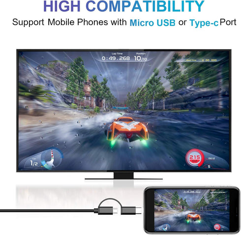 2-in-1 HDMI Cable for Android Phones & Tablets, 6.6ft MHL Adapter, 1080P HDTV Mirroring & Charging, USB Type C & Micro