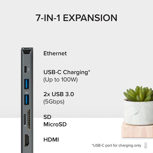 Plugable 7-in-1 USB C Hub Multiport Adapter, Ethernet Compatibility with Mac, Windows, iPhone 15, 100W Charging