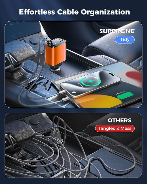 SUPERONE 4 in 1 Fast Car Charger, Smaller Retractable 69W with 2.6ft Cord, USB C & Apple Adapter for iPhone 15/15 Pro
