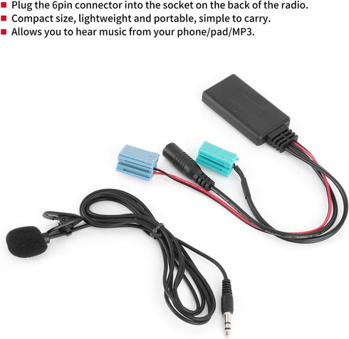 Bluetooth Audio Adapter, DC12V 6Pin AUX-in Adapter with Microphone, ABS Fit for Renault Clio/Espace/Megane