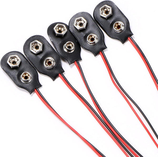 9V Battery Clip Connector - 9 Volt Long Cable Connection Soft Shell I Type, Black, 5 Pack
