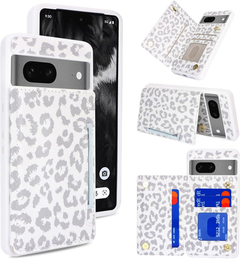 iCoverCase for Google Pixel 7 Case with Card Holder, RFID Blocking PU Leather Wallet Case for Pixel 7 (Gray Leopard)