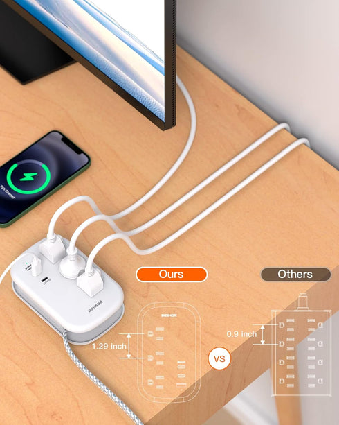 BESHON Flat Plug Power Strip with 3 Outlets and 3 USB Ports (2 USB C), 3.2ft Wrapped Extension Cord for Travel