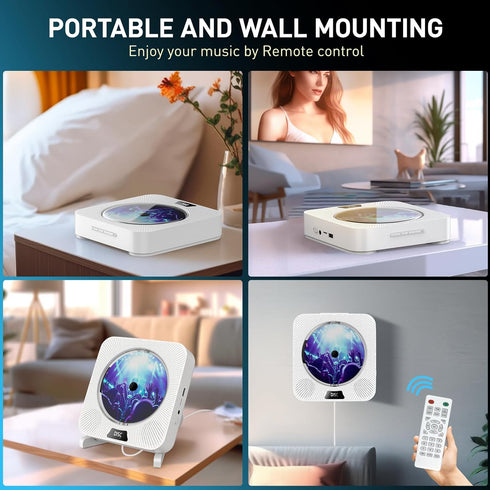 Portable CD Player with Bluetooth, Wall Mountable, FM Radio, Built-in Speakers, USB Port, AUX Input