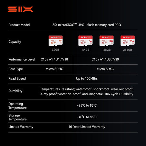 SIX M100 64GB 100MB/s A1, U3, V30 4K 64GB Micro SD Card Read Up to - Support UHD microSDXC Memory Card with Adapter