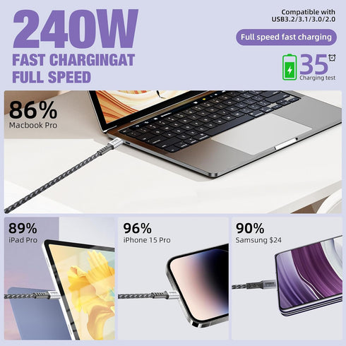 gudxfj 4 40Gbps 8K/4K @60Hz 240W 4/3 USB3.2/3.1 iPhone16 140W/100W/60W 6ft USB Data Cable HD Display USB-C to USB C