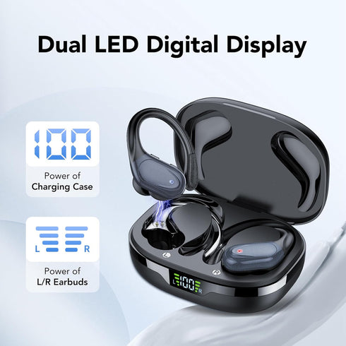 Wireless Earbuds Bluetooth 5.3, 60hrs Playtime with Digital Display, Sports Headphones with Earhook, Black