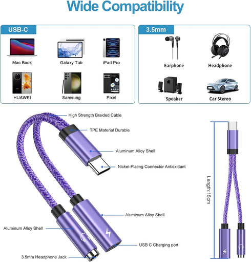 USB C to 3.5mm Audio Headphone & Android Phone Charger Adapter, 2-in-1 Type C Dongle Cable & 60W Fast Charging for