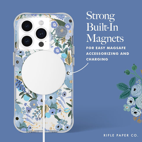 Rifle Paper Co. iPhone 15 Pro Case - Garden Party Blue, Compatible with MagSafe, 12ft Drop Protection, Slim Fit