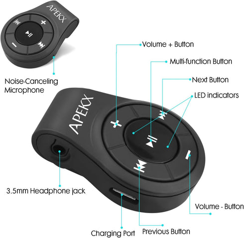 APEKX Clip Bluetooth Audio Adapter for Headphones, Wireless Receiver with MIC for Hands-Free Calls