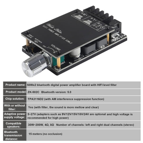 ZK-502C Bluetooth 5.0 Amplifier Board, 100w Dual Channel Audio Amp Board, Password Free Connect for Home Passive