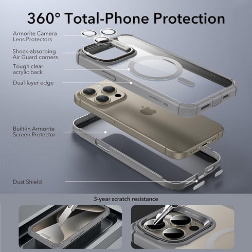 ESR Armor Series iPhone 15 Pro Max Case: Full-Body Shockproof, Military-Grade, MagSafe, Clear Grey, 2-Part Tough Case