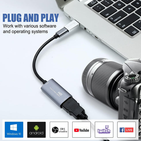 Video Capture Card, USB3.0 HDMI to USB C, 4K 1080P 60FPS Capture for Gaming Live Streaming, Compatible with Windows