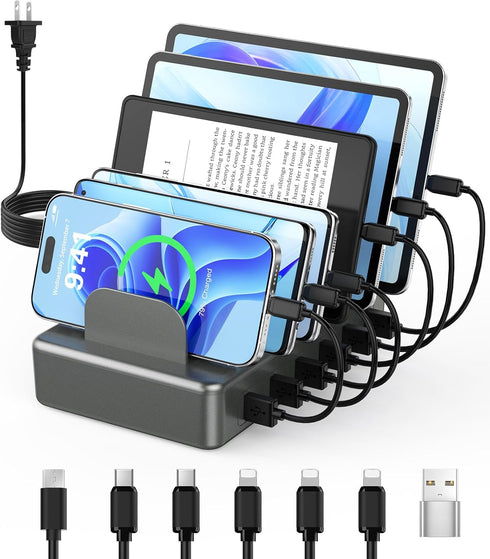 CREATIVE DESIGN 50W Charging Station, 6 Port Multiple USB Charger Station with 6 Cables for iPhone, iPad, Kindle, and