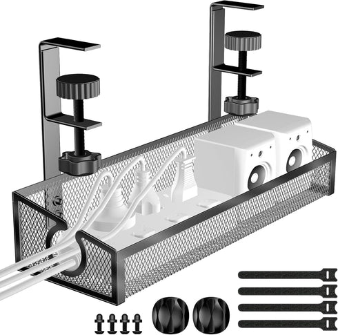 Under Desk Cable Management Tray, No Drill Black Organizer with Clamp for Desk Wire Management Accessories