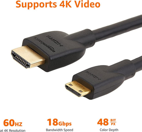 4K 1.8 Amazon Basics High Speed Mini HDMI to HDMI Cable for Camcorder, Video, m, Black