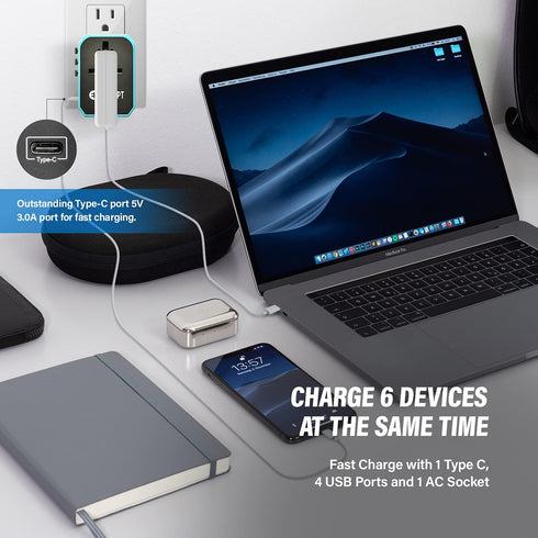 Universal Travel Adapter, Unidapt International Plug Adapter, 5.6A Smart Power 3.0A 4 USB 1 Type C, Power Adapter Travel Charger, Outlet Converter Worldwide US to Europe EU AU UK USA (Type C/G/A/I)