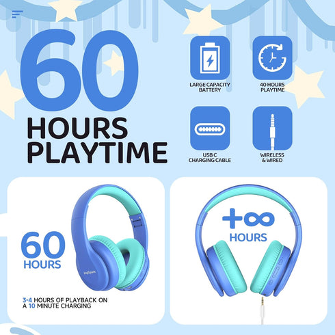 JoySpark Kids Bluetooth Headphones, Lightweight Wireless Over-Ear Headphones, 60 Hours Playtime, Volume Limited for Kids